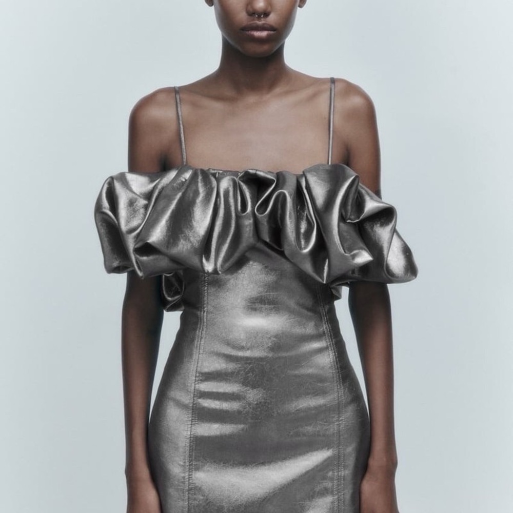 NWT Zara Silver Ruffle Mini Dress, XS